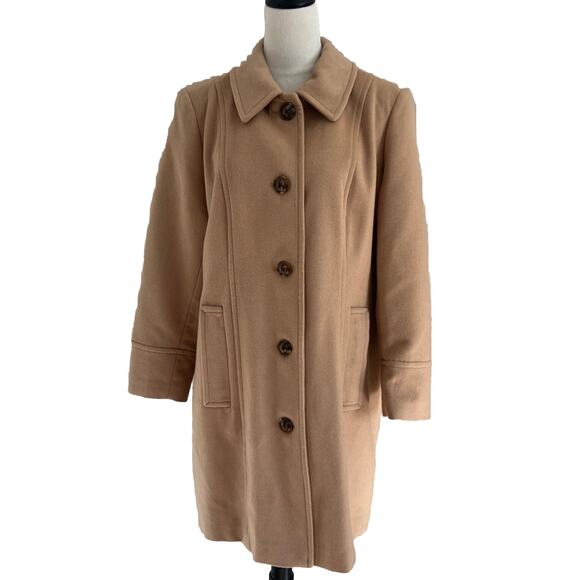 Lands’ End Coat Womens 14 Tan/Camel Button Front Mid-Length Classic Overcoat - Picture 1 of 11